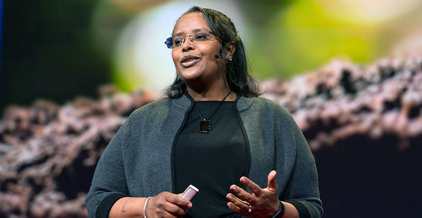 Professor Asmeret Asefaw Berhe delivering her first TED Talk on soils.